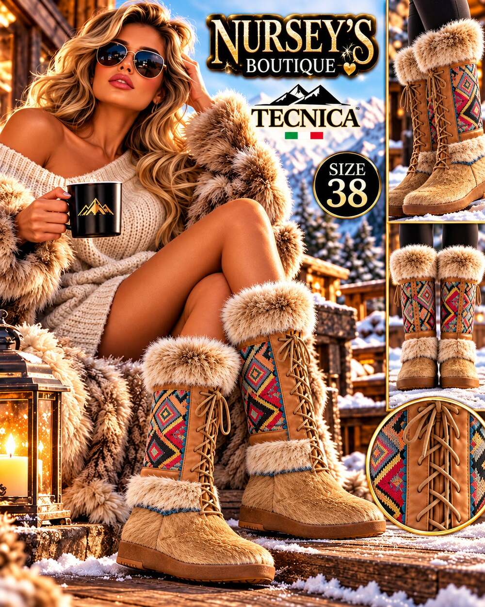 Vintage Tecnica Italy Fur Tapestry Apres Ski Boots EU 38 Boho Southwestern